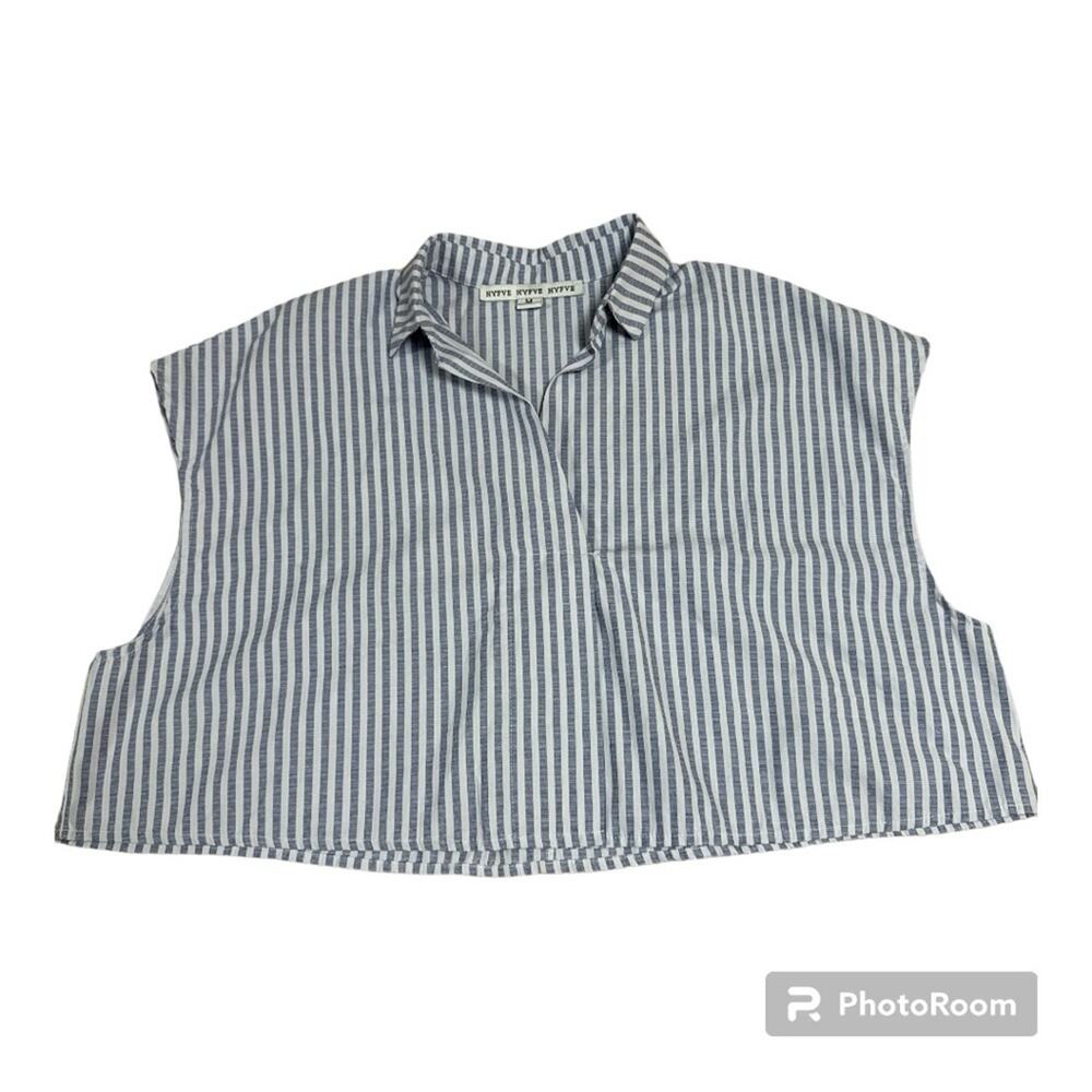 HYFVE Women’s Top Blouse With Collar Cropped Striped V Neck Blue White M